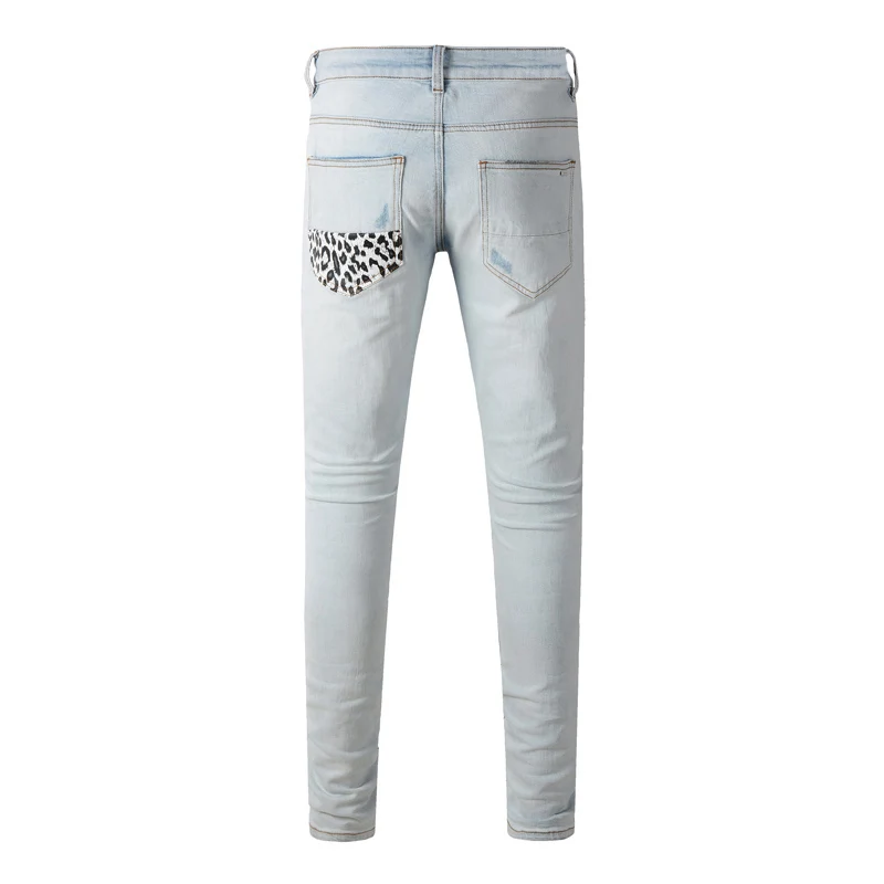 Moda de rua jeans masculino retro luz azul estiramento magro ajuste rasgado jeans masculino couro remendado designer marca hip hop denim calças