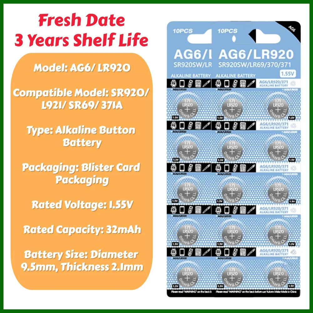 10-100PCS AG6 LR920 Button Cell Batteries SR920 L921 SR69 371A  Alkaline Coins Cell Battery For Watch Calculators Toys
