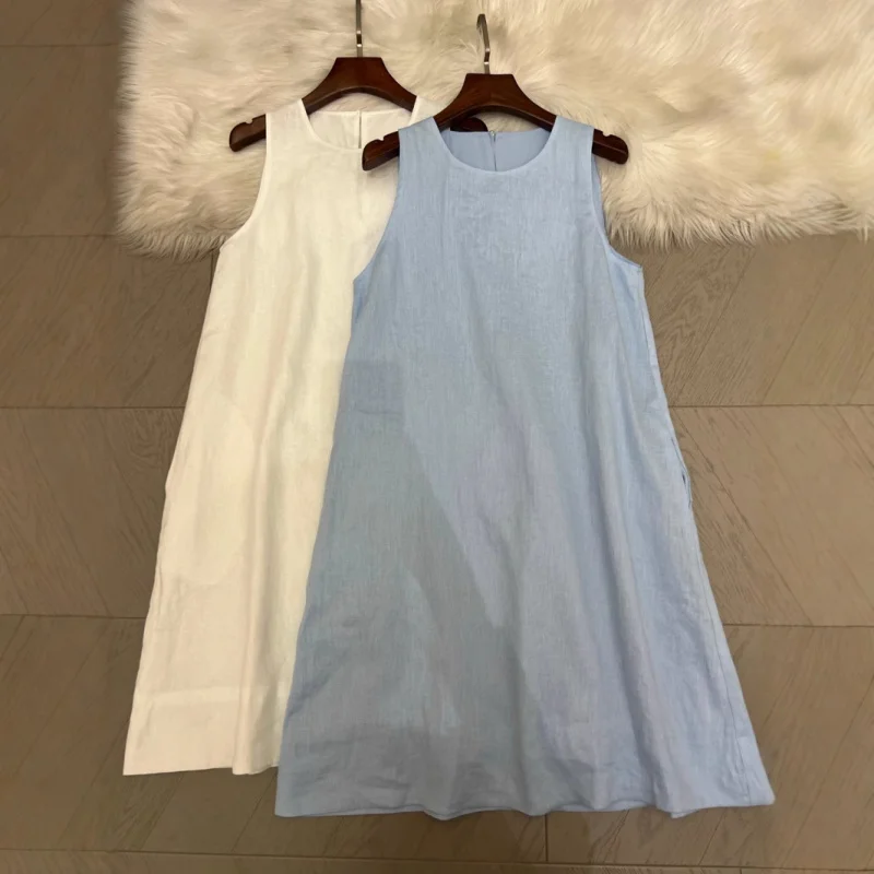 

2025Summer New Fashion Versatile round Neck Sleeveless Solid Color Loose Linen Vest Dress