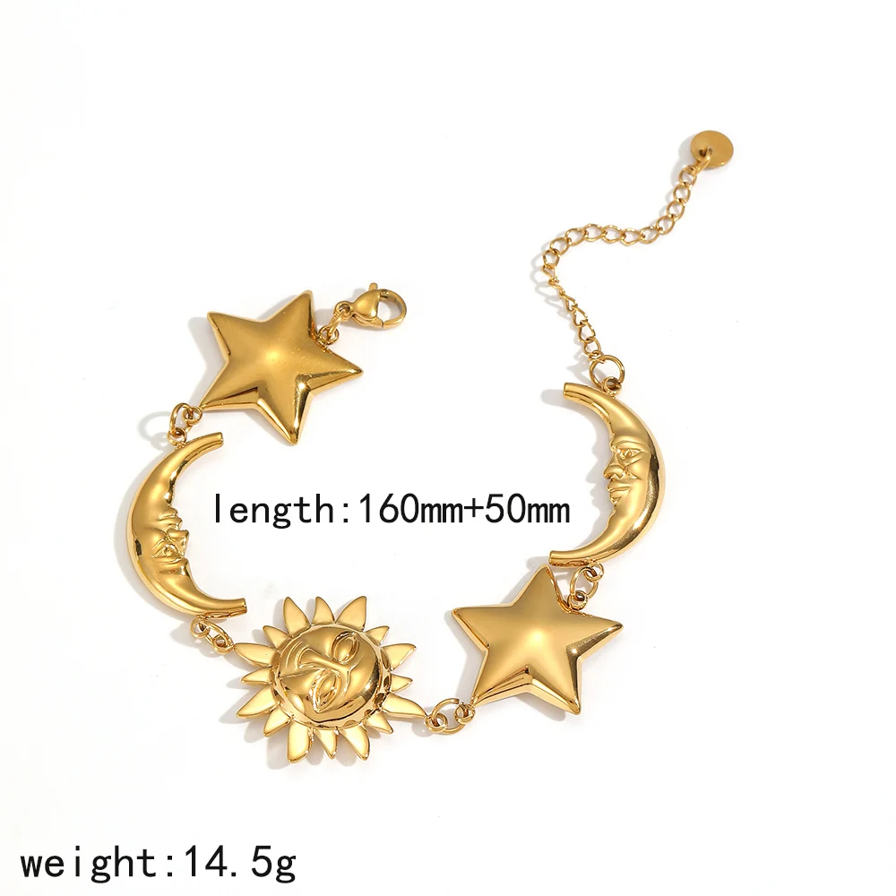 Elegantes, glattes Edelstahl-Stern-Mond-Armband, 18K vergoldet, stapelbares Sonnenarmband, Schmuckgeschenk für Frauen – Detail 5