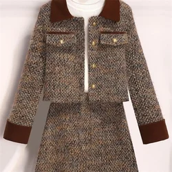Korean Women Short Tweed Woolen Jacket And Skirts Outfit Autumn Winter Female Elegant Jacket + High Waist Skirts 2 Piece Set