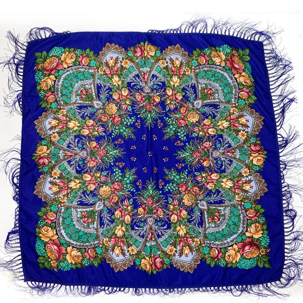 135*135cm Luxus Blumen druck russischen quadratischen Schal Frauen Blume gedruckt Bandana Schals ukrainischen Fransen Schal Reise Sonnenschirm