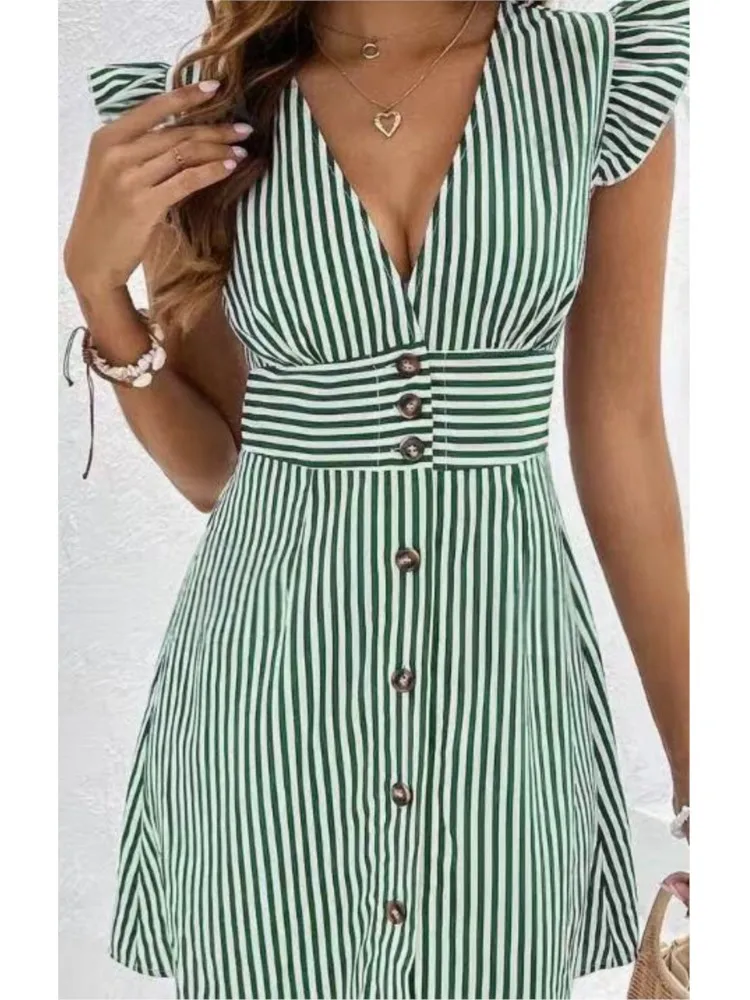 Elegant Striped Mini Dress Lady Fashion Flying Sleeve V Neck Button High  Waist Dresses For Women Casual Holiday Office Clothes - AliExpress 200000345