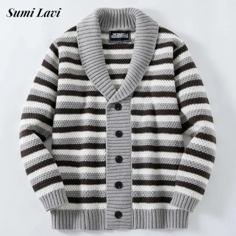 

Стильные мужские свитера на пуговицах, осень-зима 202, уличный повседневный полосатый свитер, кардиган для мужчин, повседневная вязаная куртка для отдыха