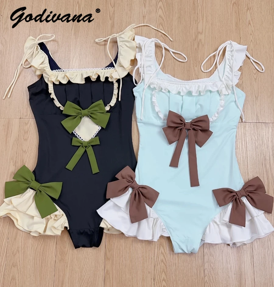 

Japanese Style Lace Butterfly Ruffles Swimsuit New Summer Sweet Girls Women Cute Bow One-piece Suit Swimwear Hot Spring Swimsuit