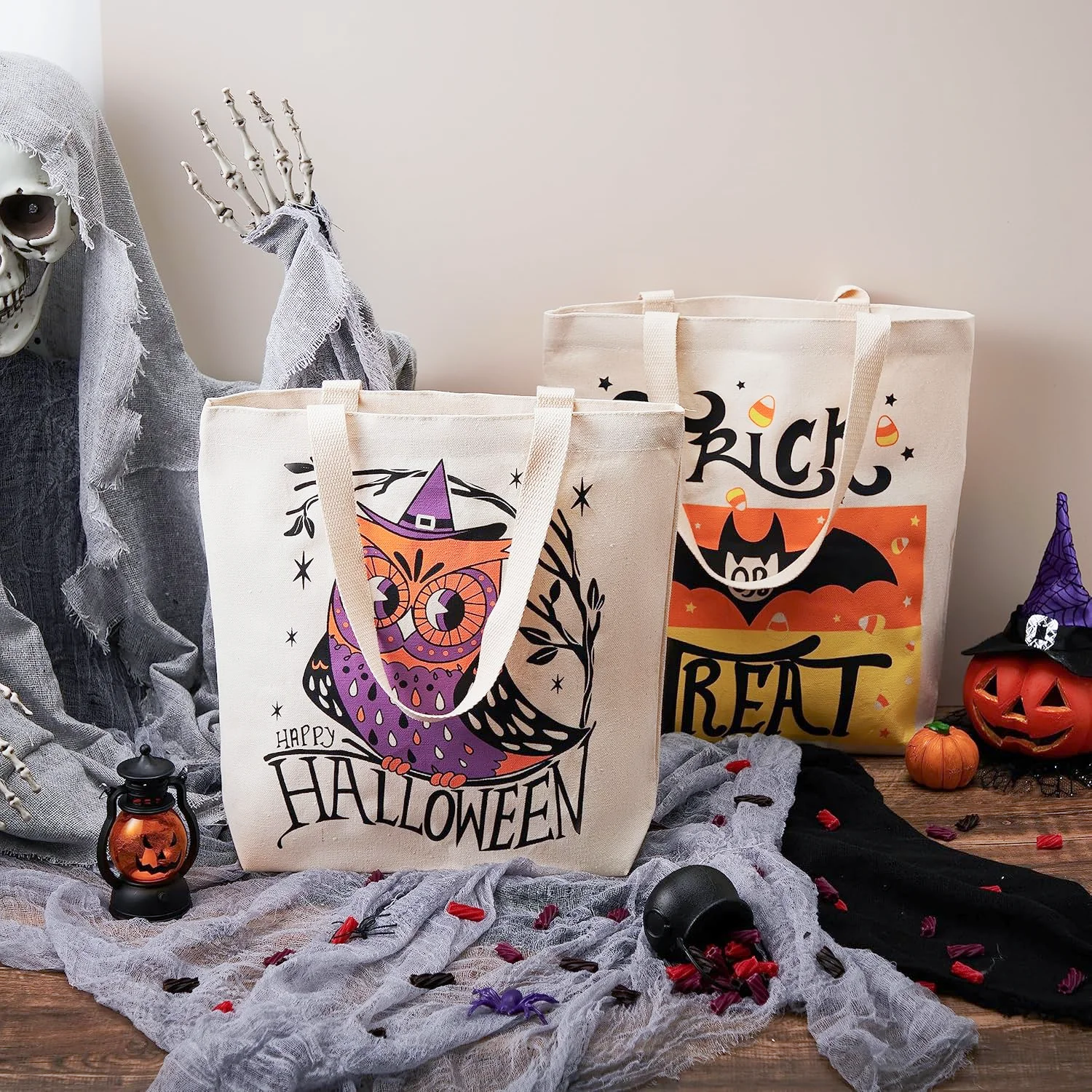 Halloween Tote Treat Bags for Trick or Treating Halloween Goodie Candy Bags Canvas Gift Bags for Kids Party Favor Supplies