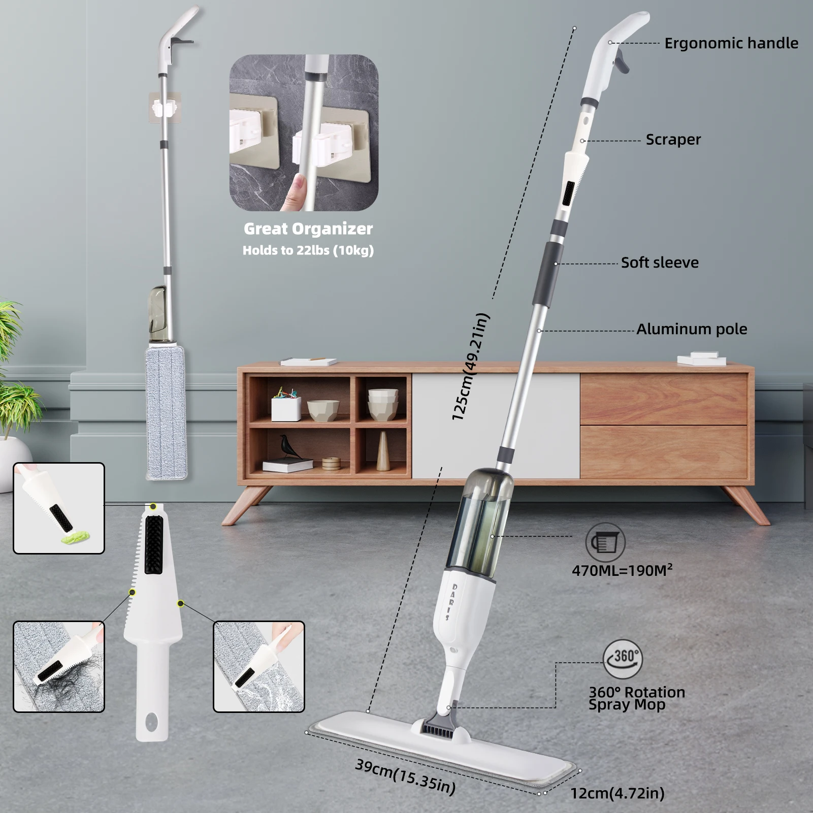 DARIS Spray Flat Mop With Reusable Microfibers Pads 360° Rotation Floor Cleaning Mop 500ML Big Capacity Square Triangle Bottle