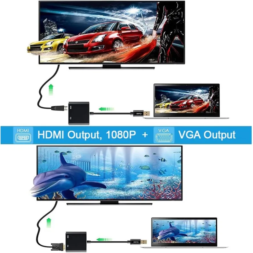 BGGQGG 2 IN 1 USB 3.0 To HDMI-compatible VGA Adapter 4K HDMI & VGA Splitter Hub for Computer Desktop Laptop PC Monitor Projector