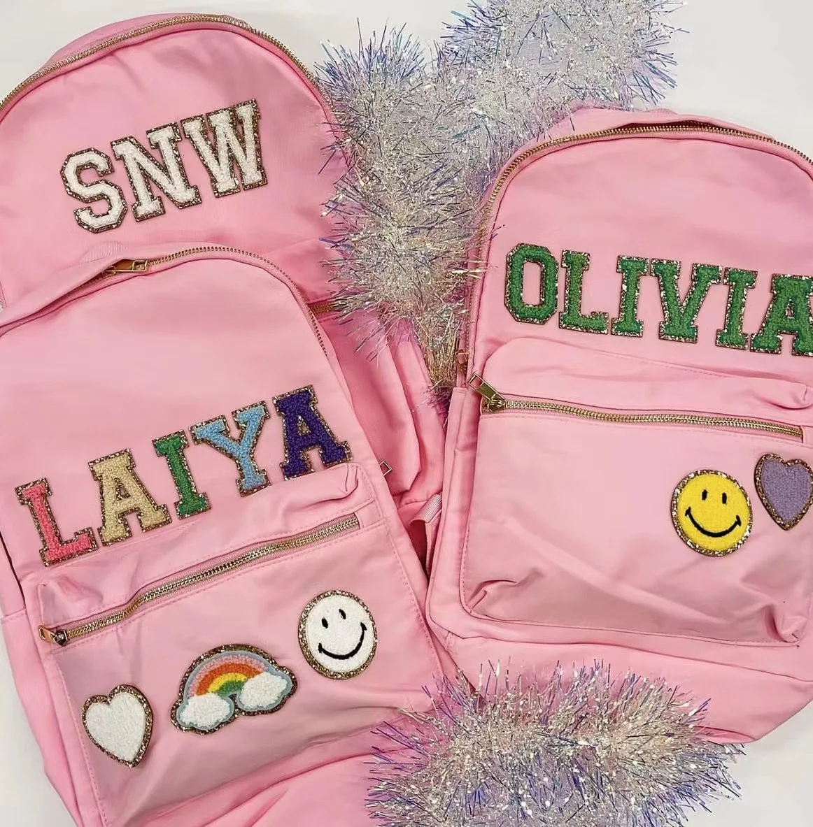 Mochila de nailon personalizada con letras de chenilla, bolsa de viaje con parche, mochila para niños, regreso a la escuela