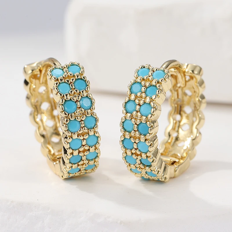 Classic Fashion Gold Color Hoop Women's Earrings Exquisite Metal Hand Carved Inlaid Imitation Turquoise Jewelry
