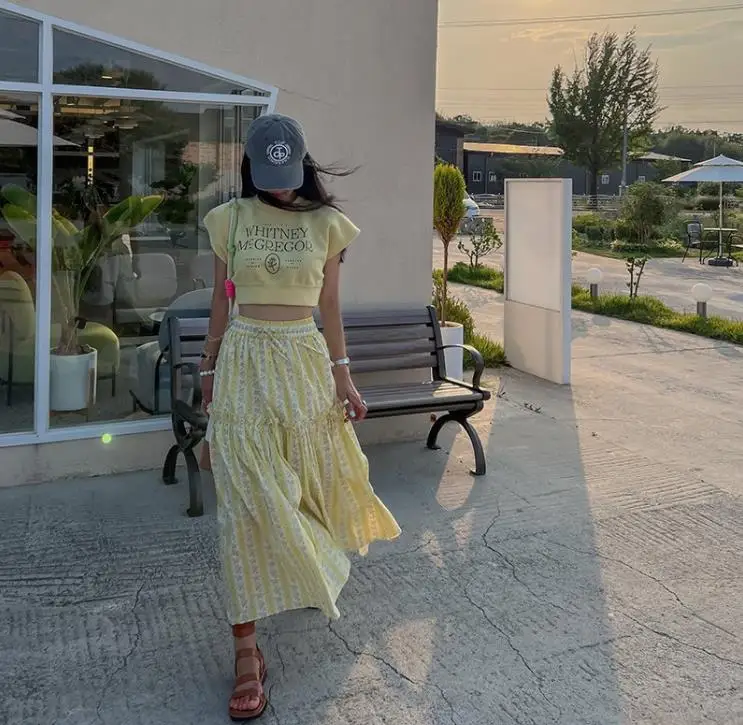 

Floral Print High Waist f Skirt Women's Retro Elastic Waist Slimming Floral Lace Splicing A-Line Skirt Korean Sle Commute