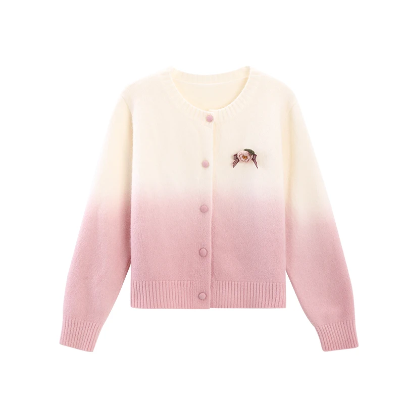 ALXNAN bleu Cardigan femmes col rond 3d fleur dégradé couleur pull 2025 automne doux décontracté à manches longues tricoté hauts L57212-1
