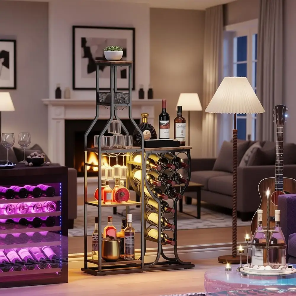 

Винный стеллаж на 5 ярусов с держателем для бокалов, мини-бар на 11 бутылок, тумба для хранения для гостиной и кухни