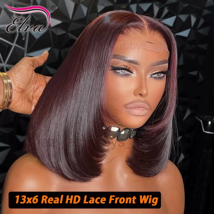 

Real HD Lace Short Bob Wigs 2x6 HD Lace Closure Wig Blunt Cut with face framing layers Glueless Human Hair 99J Burgundy HD Wigs