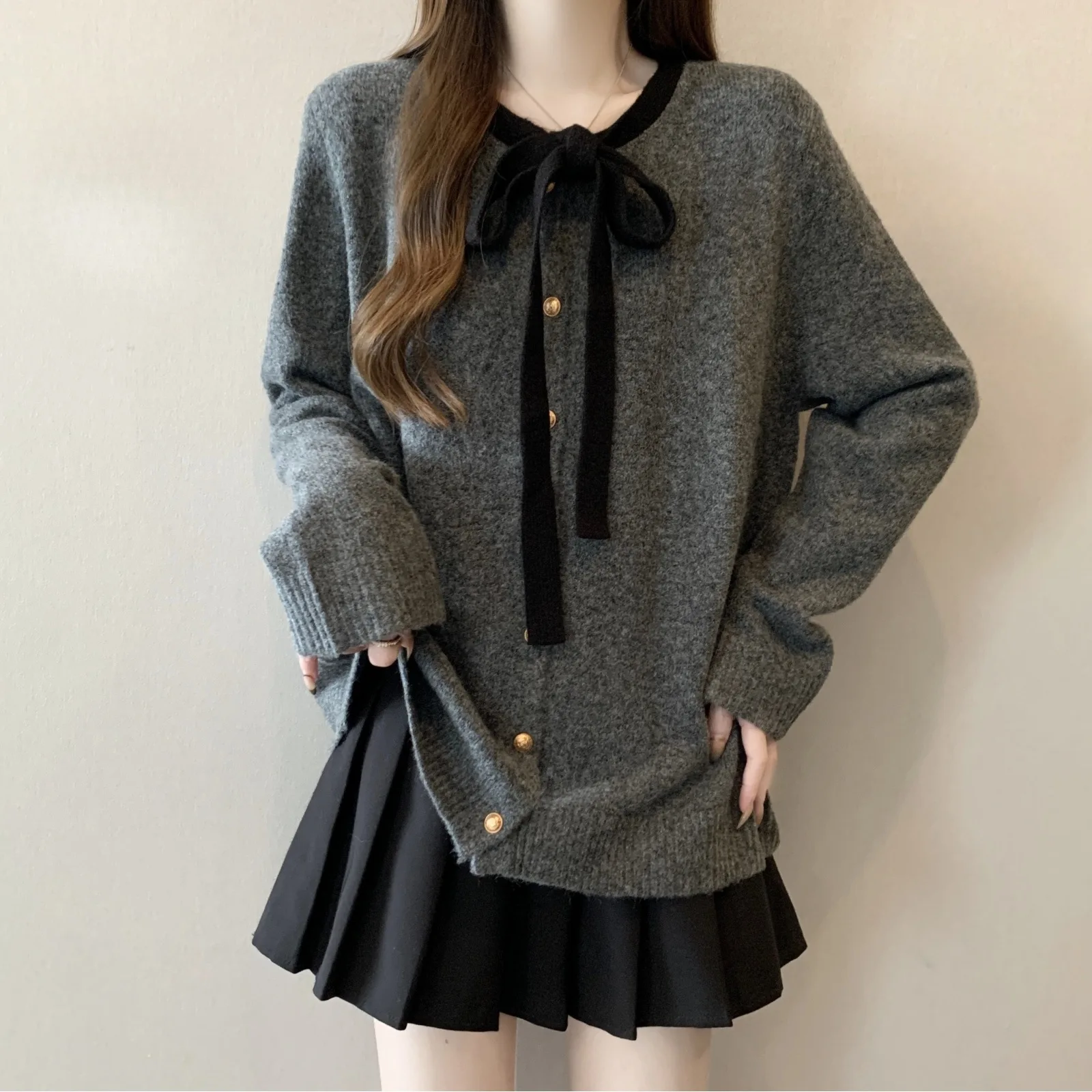 

Plus Size Women's Clothing 2026 Autumn Winter Lazy Korean Style Gray Slimming Sweater Feel Bow Tie Knitted Top