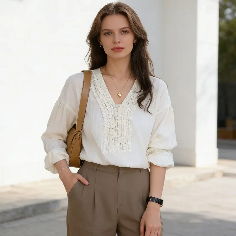 

Casual Korean Solid Color Slimming Sweet V-neck Women's Shirt Fashion Spring and Autumn Long Sleeved Pullover Ladies Blouse