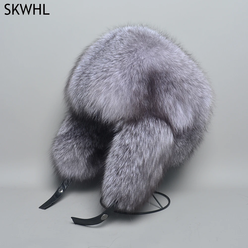 Genuine Silver Fox Fur Hats Men Real Raccoon Fur Lei Feng Cap for Russian Men Bomber Hats