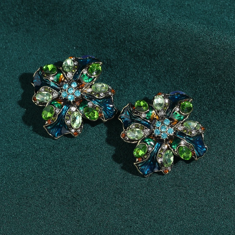 

Crystal Flower Stud Earrings For Women Vintage Blue And Green Designer Enamel Jewelry Elegant Style 2025 New Tendy Party