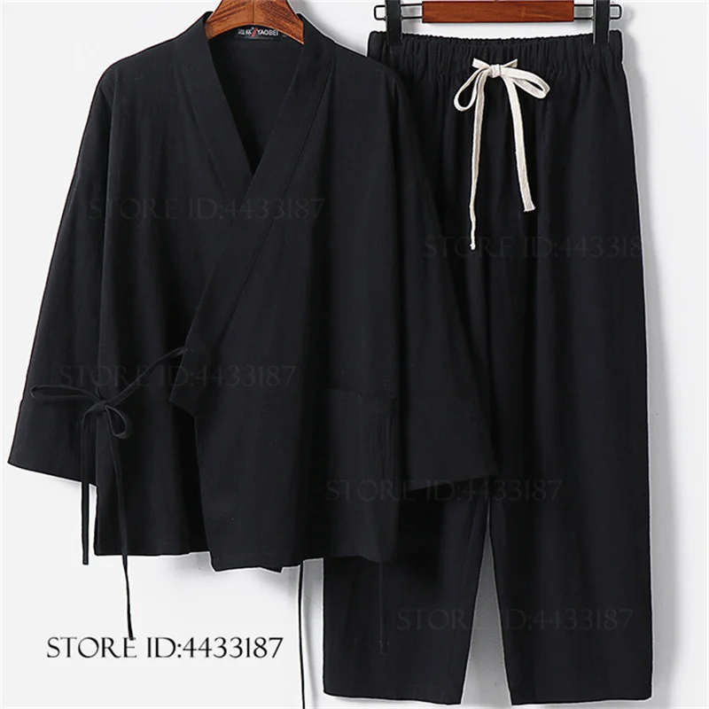 

Plus Size 3XL-9XL Men's Kimono Cardigan Yukata Haori Set Cotton Linen Trouser Suit Loungewear Harajuku Samurai Costume Bathrobe