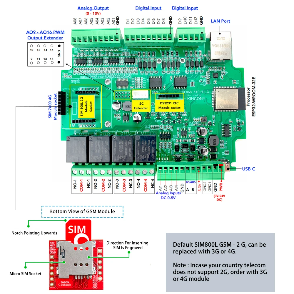Saída analógica RS485 Modbus, KC868-A4S, ESP32, 4G, PWM, DS3231, RTC, placa do relé do trilho do RUÍDO, apoio MQTT HTTP TCP