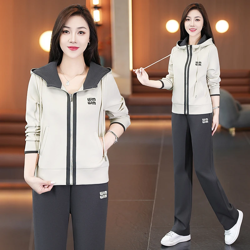 

Модный спортивный костюм для женщин: корейский стиль, худи с длинными рукавами и брюки на молнии, повседневный комплект из двух предметов