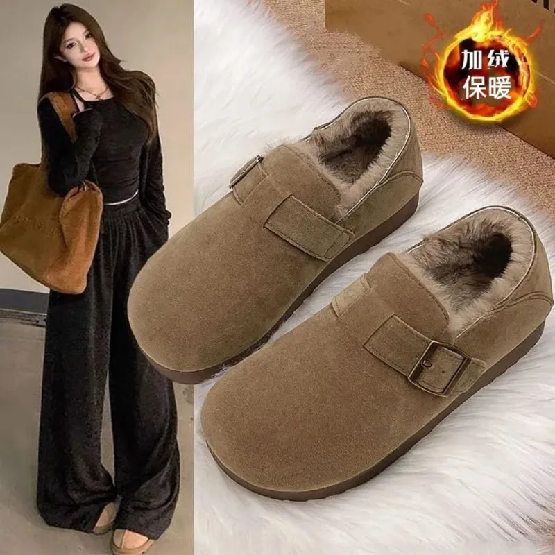 Women Winter Fleece‑Lined Snow Boots Buckle Strap Design Suede Upper Non‑slip Thick‑soled Warm Ladies Casual Ankle Winter Shoes