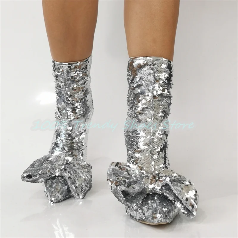 Bling Sequined Butterfly-Knot Decor Women Boots Pointed Toe High Heel Zipper Strecth Boots New Fashion Lady Large Size Boots