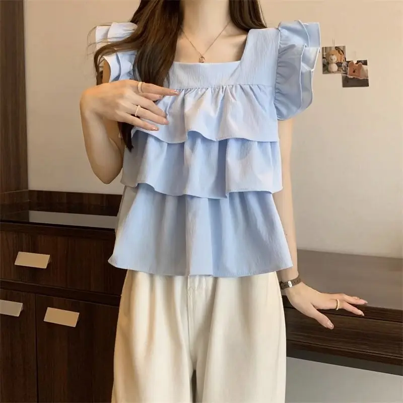 

Unique ort irt Women's Faion Summer Design Sense Lace Collar Square Collar Cotton Blouse Ele Special Small Batch