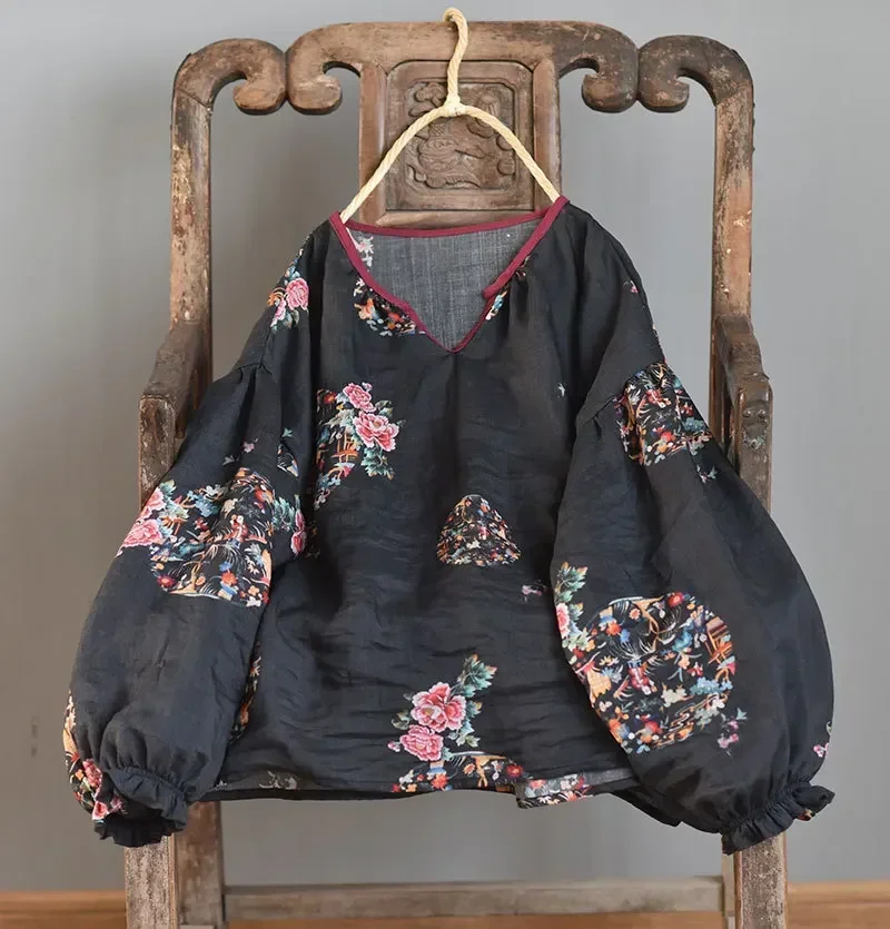 

Women Lantern Sleeve Ramie Shirts Tops Ladies Vintage Ramie Blouse Female Printed V Neck Shirt 2022 Spring summer