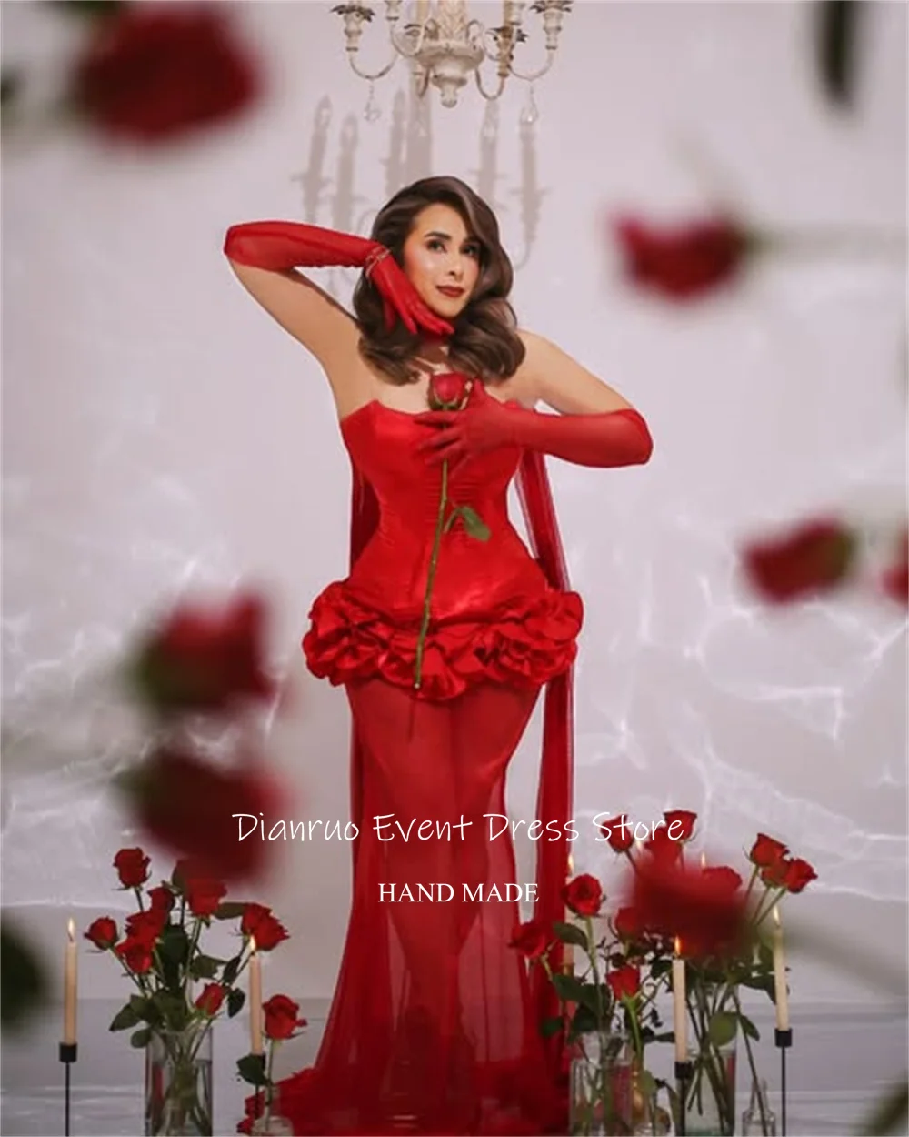 Dianruo Blumen Elegante Rote Abendkleider Satin Lange Prom Kleider Romantische Lace Up Zurück Bänder Vestidos De Fiesta Angepasst