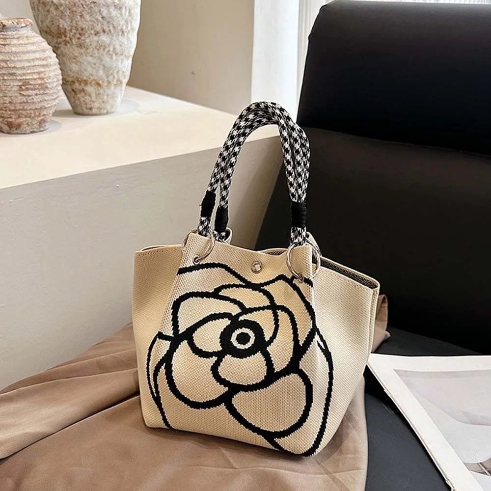 

All-match Sweet Women Knitted Handbag Butterfly Stripe Printed Small Bag Magnetic Button Multicolor Floral Commuting Pouch Work