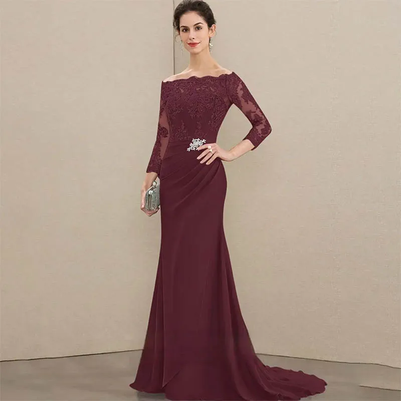 

Graceful A-Line Half Sleeve Floor-Length Chiffon Mother Of The Bride Dress Decal Backless Groom Mother Dresses For Weddings ﻿