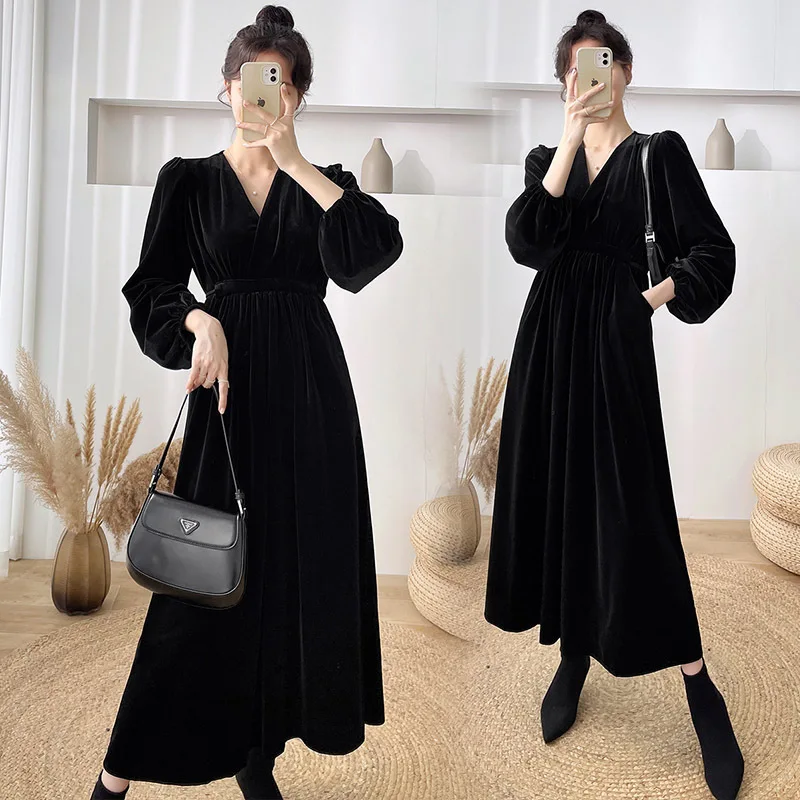 

Autumn Winter Plus Size Maternity Dress Full Sleeve V Neck Pregnancy Long Dress For Pregnant Women Black Pleuche Evening Clothes