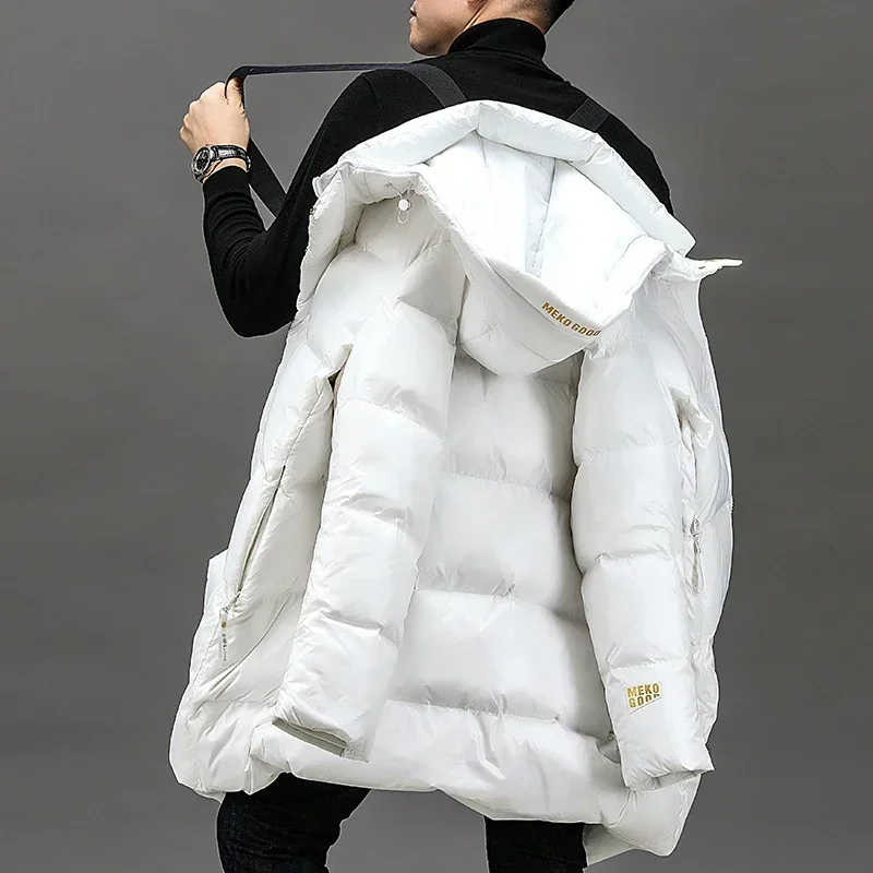 Winter New White Duck Down Thick Black Gold Down Jacket Men's Medium and Long High-end Leisure Warm Hooded Coat Clothing