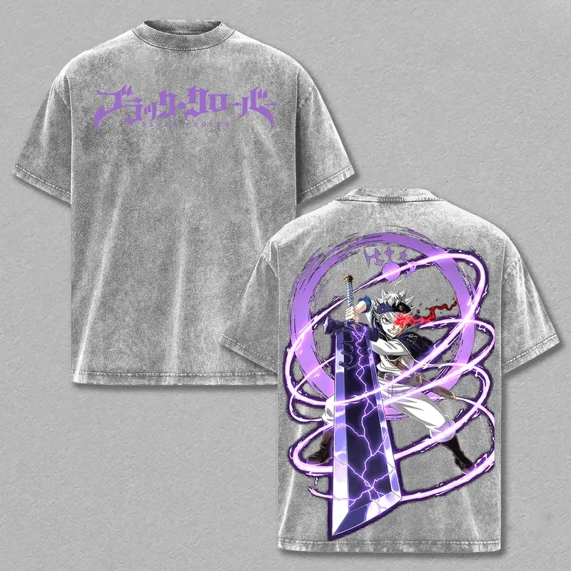 Asta Print T-shirt Black Clover Anime Clothing Men Short Sleeve Cotton Tshirts Vintage Washed Tee Harajuku Male Street T Shirt