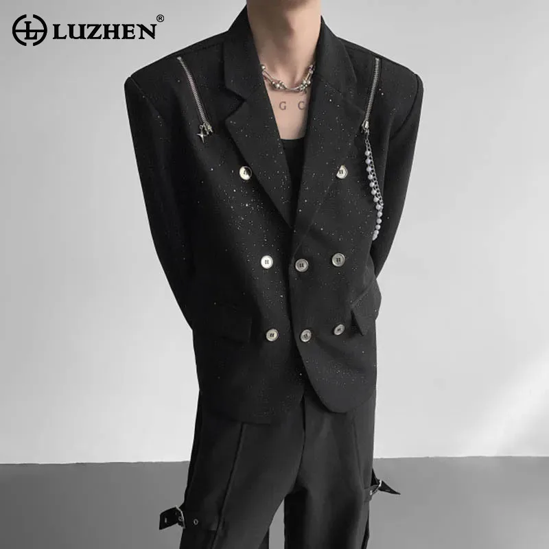 

LUZHEN 2025 новый трехбортный дизайн с жемчужной цепочкой украсить короткий пиджак пальто мужской сплошной цвет оригинальная красивая одежда JY4617
