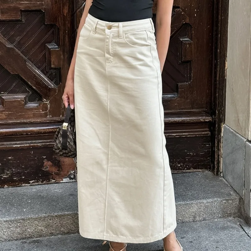 Women's Beige Elegant Cotton High Waist Split Long Skirt  2025 Spring Summer Casual Slight Strech Straight Jupe Longues Femme