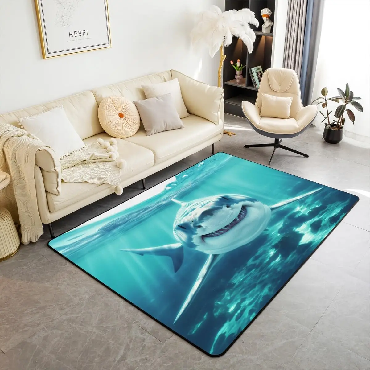 

Реалистичный ковер с изображением подводной акулы и эффектом прозрачной голубой воды, современный ковер для гостиной