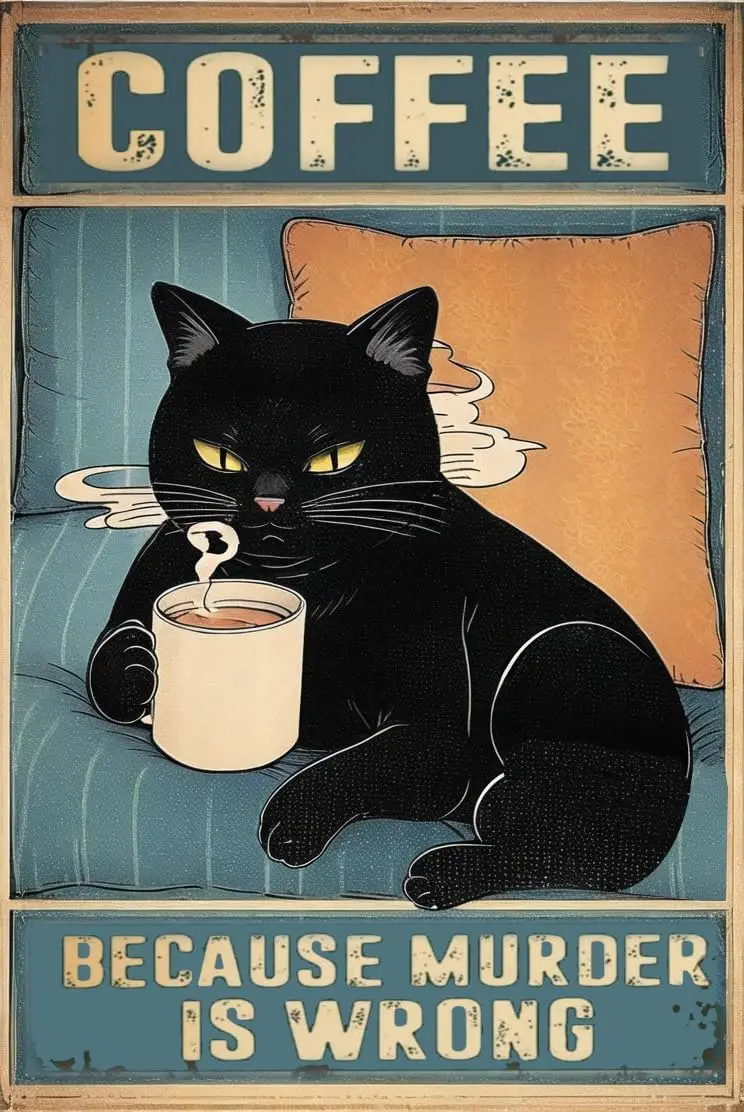Vinage Cat Coffee Metal Sign Funny Signs Kitchen Wall Decor Because Murder Is Wrong Tin Bar Decorations Vintage Post