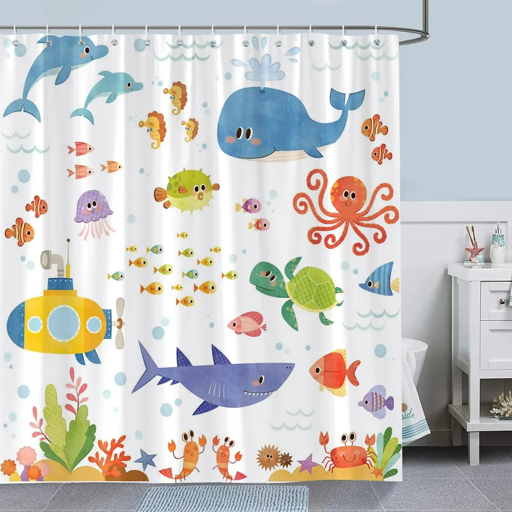 Cute Cartoon Underwater Animal Dolphin Shower Curtain Starfish Fish Coral Polyester Fabric Bath Curtain Bathroom Deco with Hooks