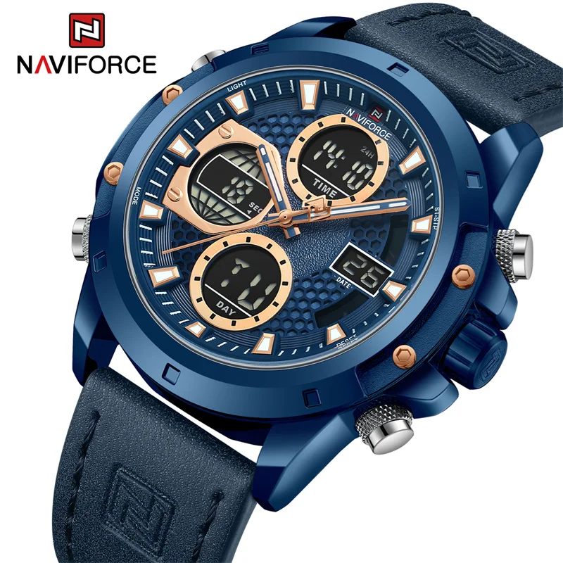 NAVIFORCE Brand Watch For Men LED Digital Quartz Wristwatches Genuine Leather Strap Waterproof Military Sport Clock Reloj Hombre