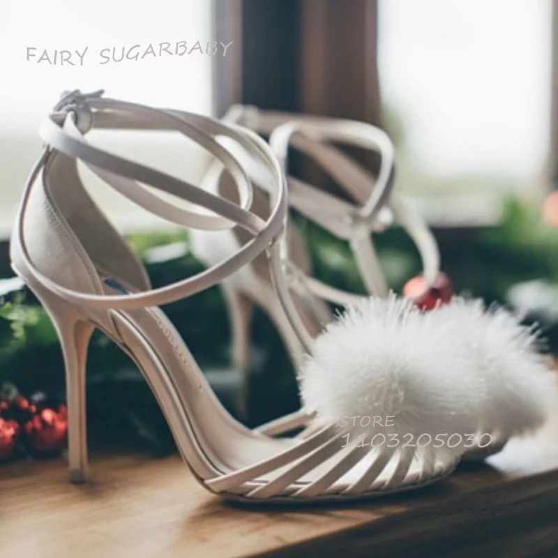

Pure White Plush Ball Stiletto Wedding Sandals Woman Elegant Open Hollow Ankle Wrap Heels Buckle Pump Party Dress Sugarbaby Shoe