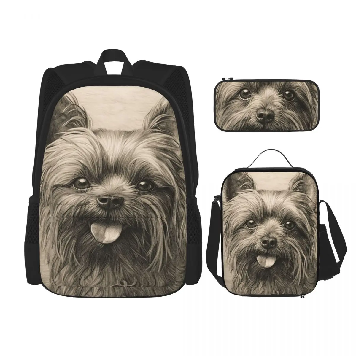 

The Adorable Yorkshire Terrier Dog Backpacks Kids Bookbag School Bags Rucksack Lunch Bag Pen Bag Three-Piece Set