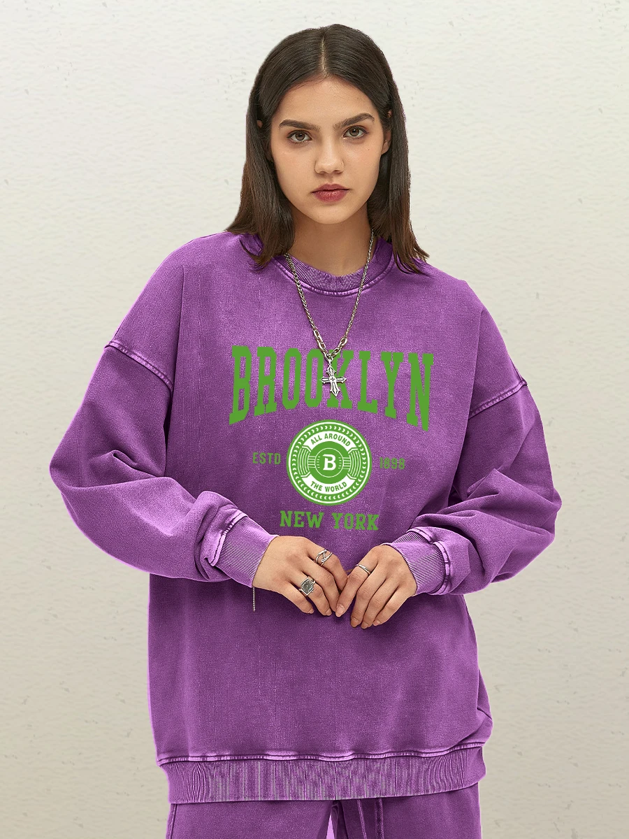 Brooklyn New York Letter Print Washed Sweatshirt Women Harajuku Casual Pullovers Fashion Cotton Hoody Y2K Comfortable Clothes