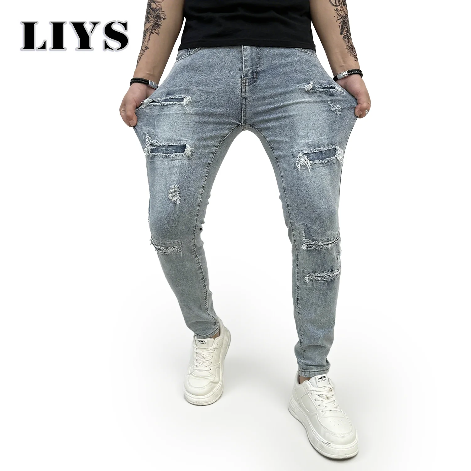 

Мужские персонализированные уличные модные рваные джинсы, прямые тонкие однотонные джинсовые брюки на весну и лето, высококачественные синие джинсы