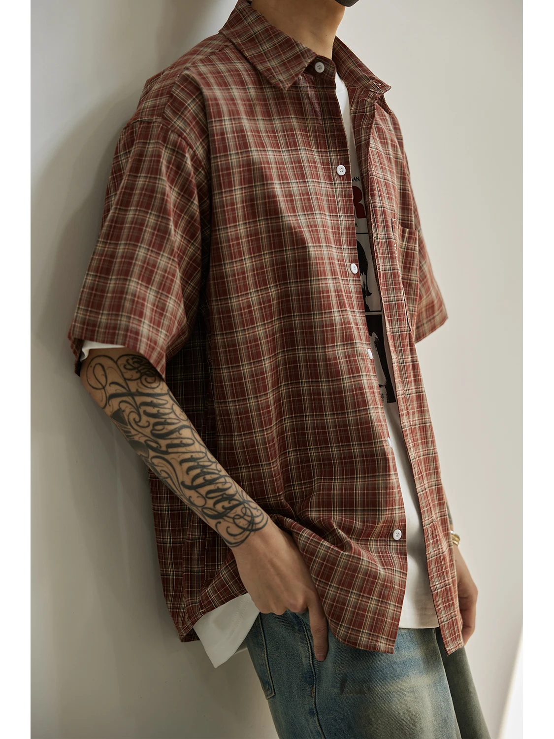 

LH Store Summer Plaid f Sve Casual irt Men's Button up ort Sve Loose Fit Youth Trend Summer Outerwear