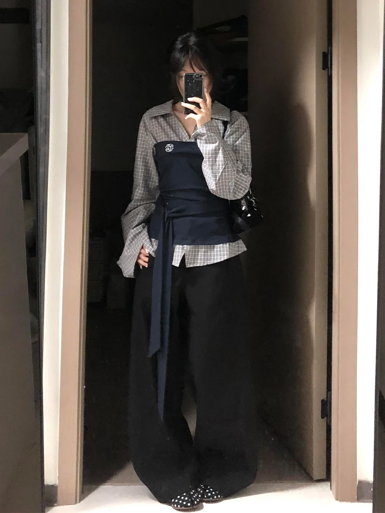 

Spring Fashion plus Size MM College Style Plaid Shirt Wide Leg Pants Elegant Beautiful Set High Waist Collar Loose Fit