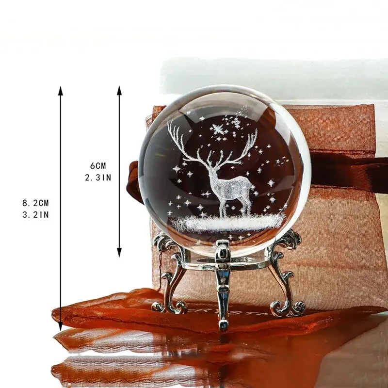 1Pc 2.4 inch (60mm) 3D Laser Engraved Christmas Deer Crystal Ball with Silver Plated Trellis Home Art Decoration Christmas Gifts