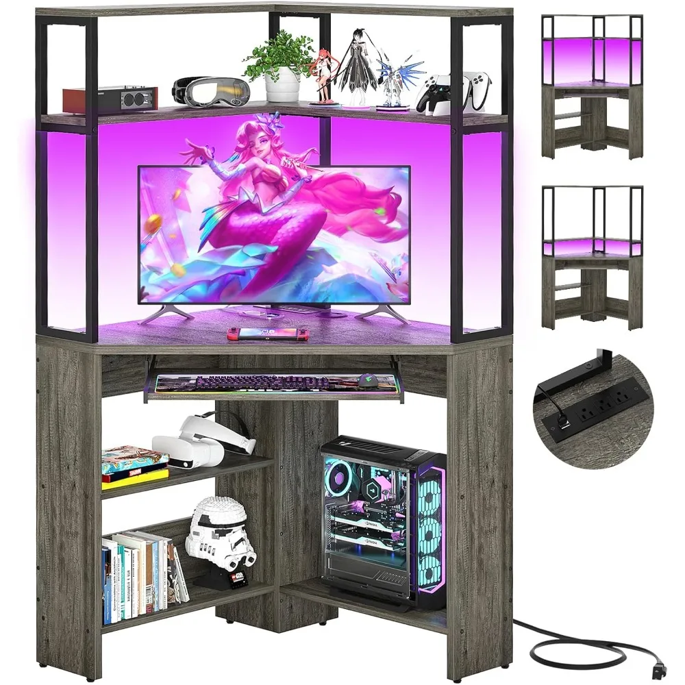 

Small Corner Desk with Hutch, Heavy Duty Corner Computer Desk with Power Outlets & LED Light, Triangle Corner Gaming Desk with
