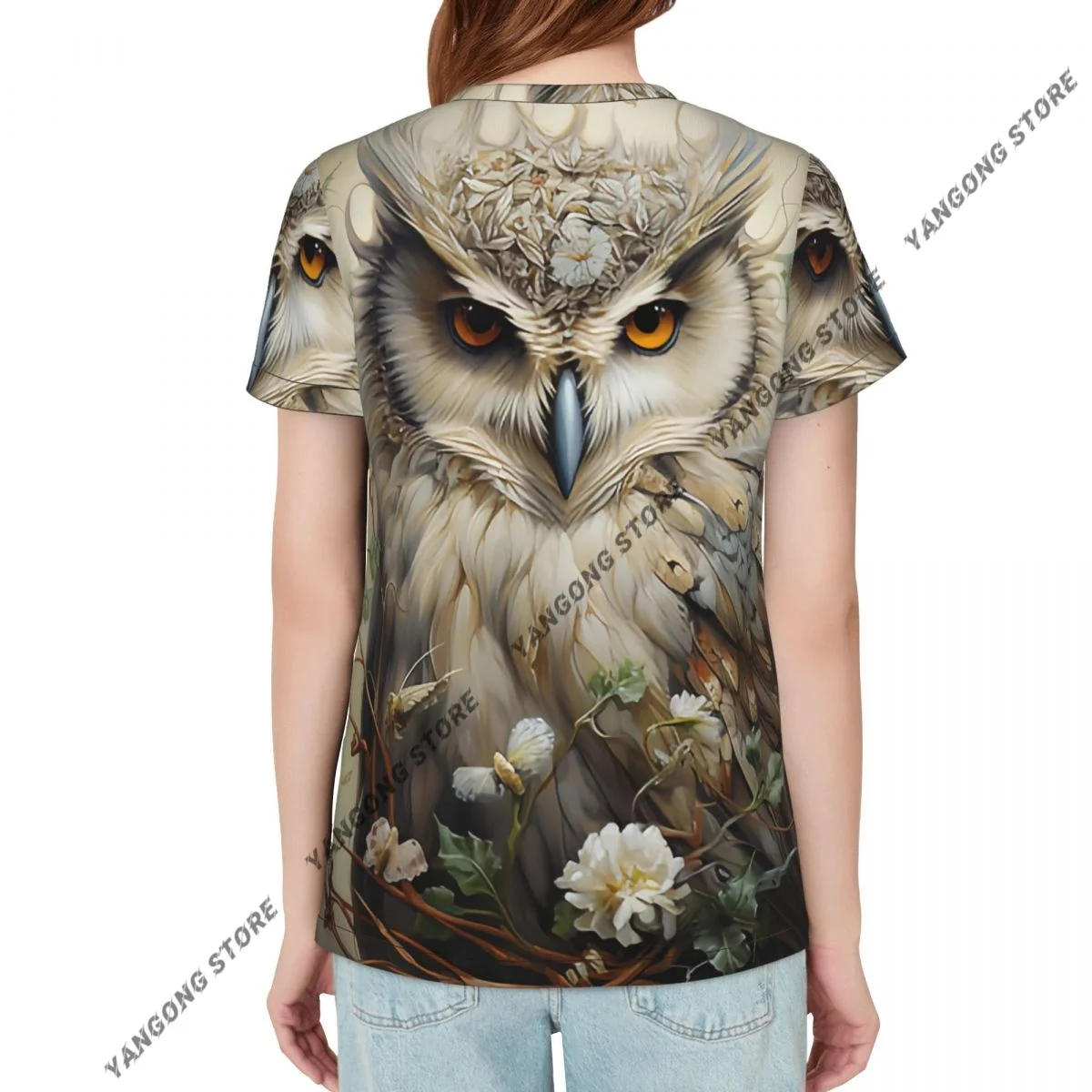 Women's T-shirt Owl With Crown Among Flowers Tshirt Women Casual O-Neck Short Sleeve Tops Tees Clothing